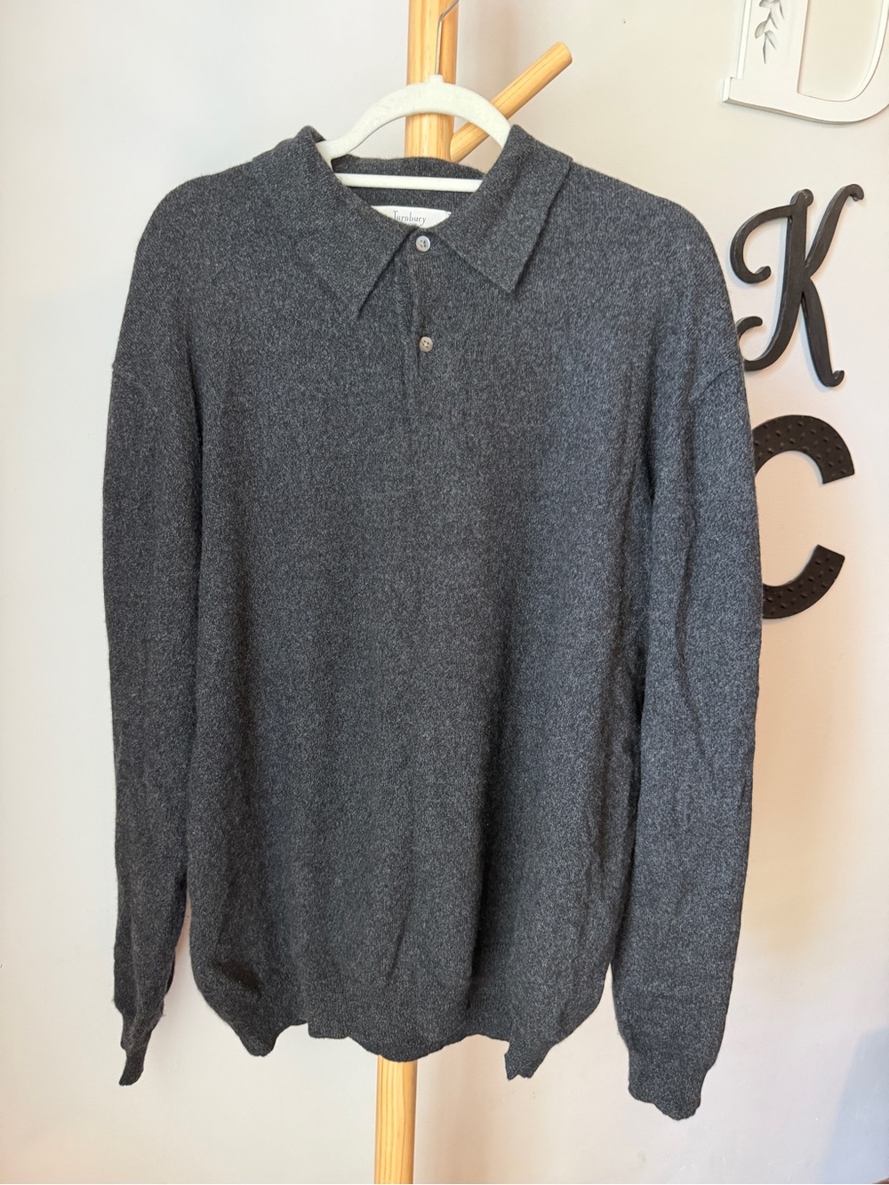 Turnbury Charcoal Gray Cashmere Sweater Men’s Size XL Long Sleeve Collar Button